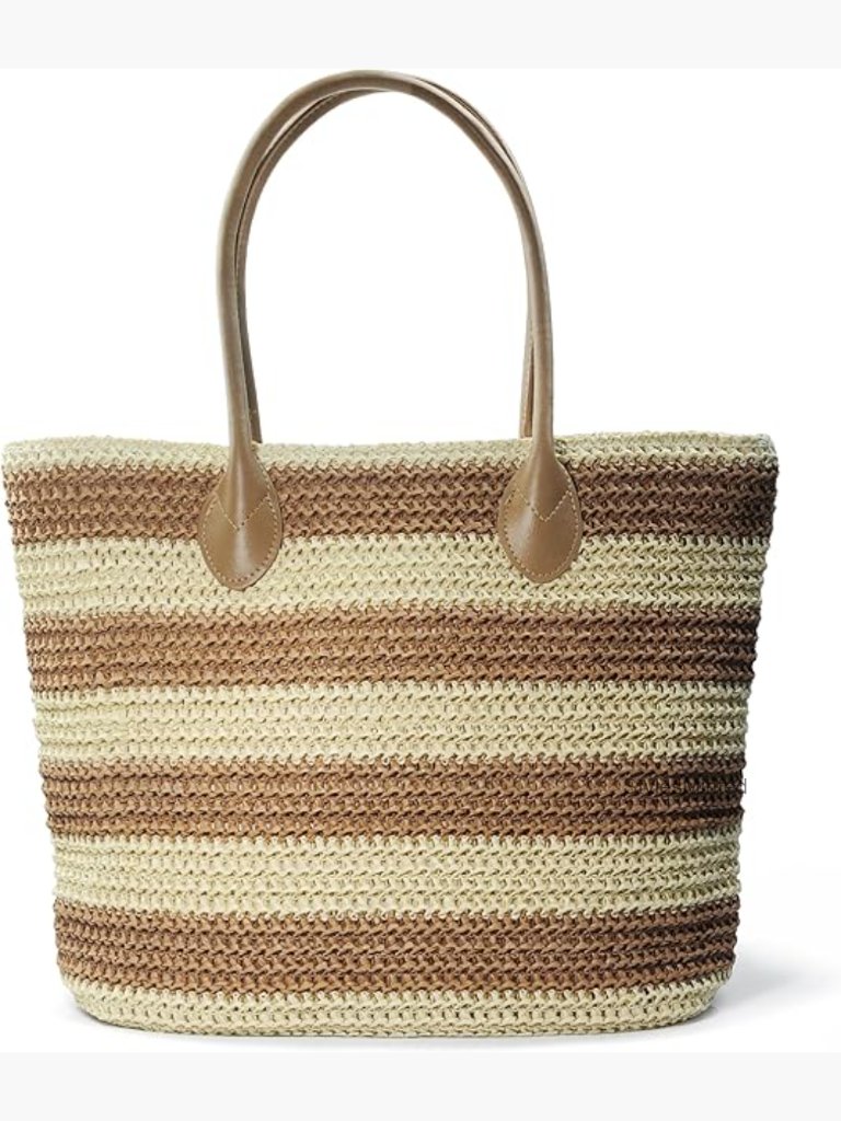 Striped Woven Straw Tote Shoulder Bag Lightweight Summer Beach Bag